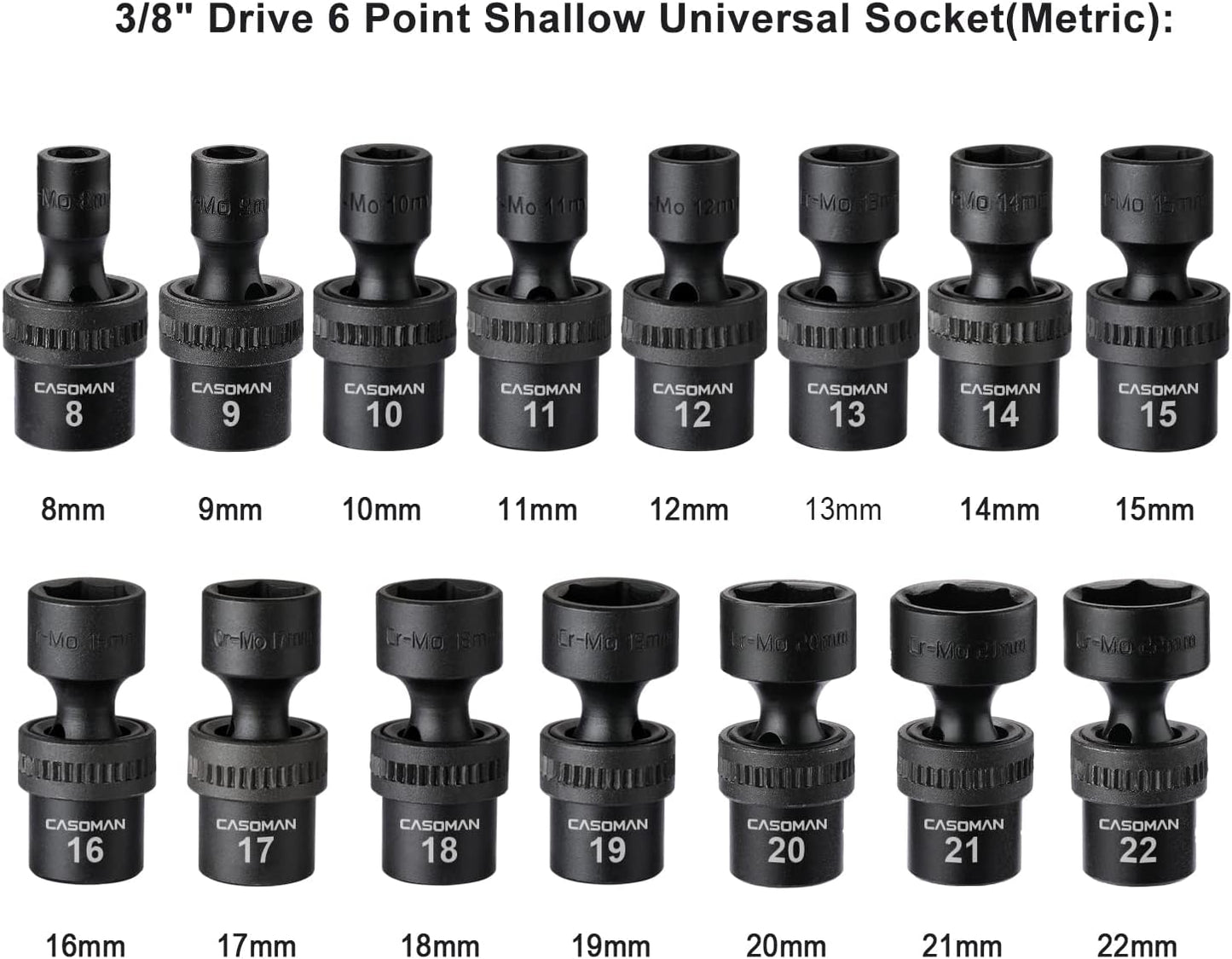15 PCS 3/8" Drive Standard Universal Impact Socket Set, 6-Point, Metric, 8Mm - 22Mm